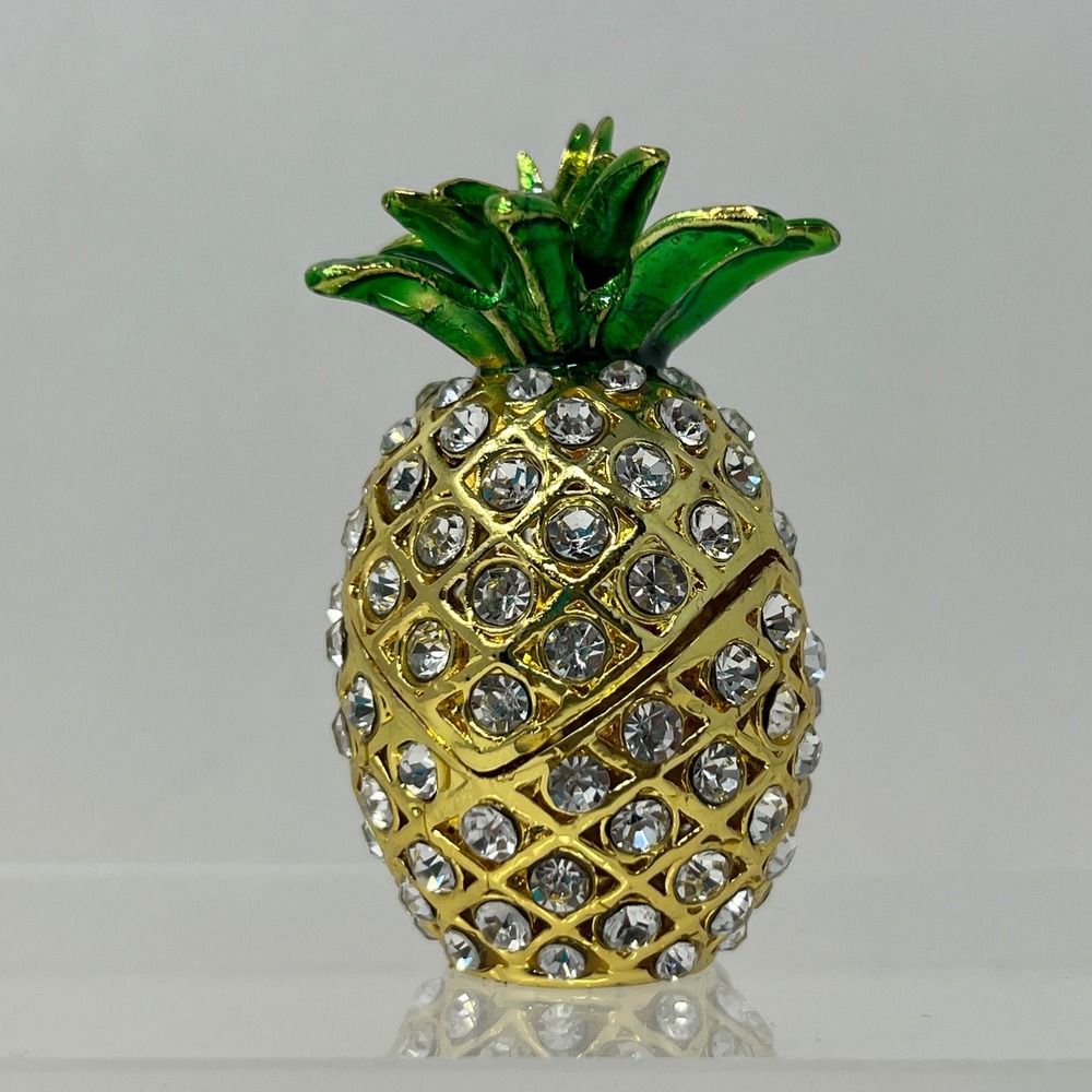 Unbranded Pineapple Trinket Box Small Gold Bejeweled Rhinestone Enamel‎ Decor